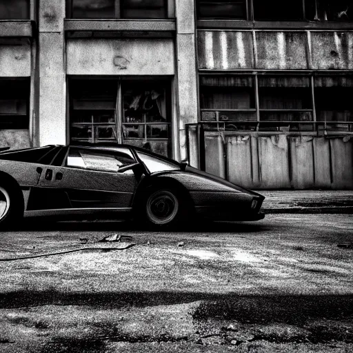 Image similar to black and white press photograph of a rusted abandoned lamborghini diablo on an empty abandoned city street, full view, detailed, natural light, mist, film grain, soft vignette, sigma 5 0 mm f / 1. 4 1 / 1 0 sec shutter, imax 7 0 mm footage