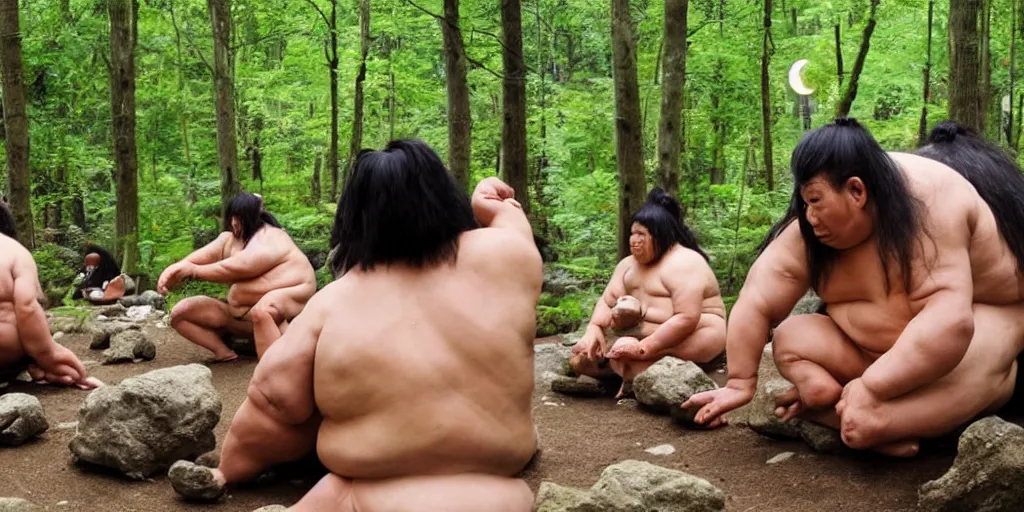 Image similar to photo, neanderthal people, sumo! japanese!, eating inside mcdonalds, gigantic forest trees, sitting on rocks, bright moon