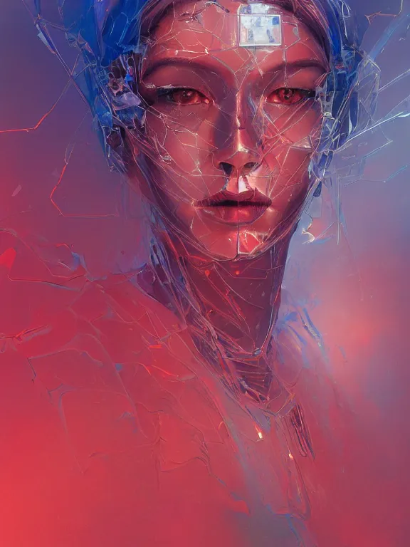 Prompt: ( symmetry ) closeup portrait of a transparent vaping cyborg girl, shattered glass, cinematic light, backlight, red sky blue, misty, by mikhail vrubel, by philippe druillet, by peter elson, by gerald brom, muted colors, ( ( extreme detail ) ), trending on artstation, 8 k