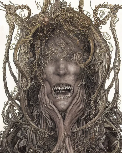 Image similar to centered horific detailed front view portrait of a crazy old woman with ornate tentacles growing around, ornamentation, flowers, elegant, beautifully soft lit, full frame, by wayne barlowe, peter mohrbacher, kelly mckernan, h r giger