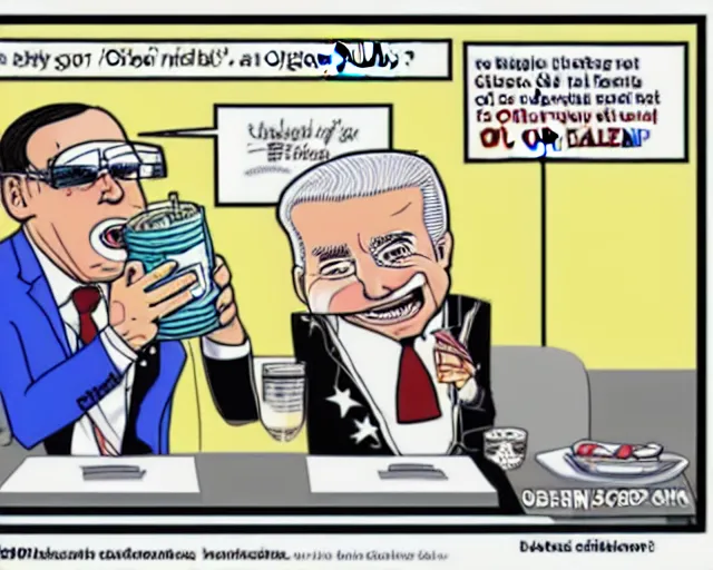 Image similar to Modern political cartoon made by Ben Garrison that portrays inflation through an obese Joe Biden drinking oil