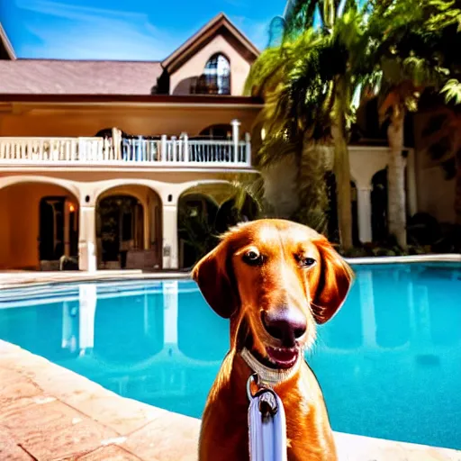 Image similar to a very detailed photo of a dog ( smoking a cigar ) outside the mansion by the pool