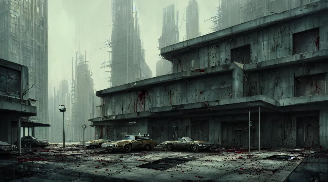 Prompt: post apocalyptic police station, building, avenue, extremely detailed, sharp focus, modern architecture, contemporary architecture, americana architecture, concrete architecture, tar roads, by pascal blanche, greg rutkowski, shaddy safadi, neil blevins, trending on artstation, high quality, photorealistic, wild vegetation, blood stains on walls, 4 k resolution blade runner