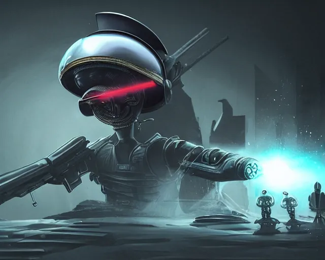 Image similar to alien slug with 3 eyes wearing a samurai helmet on its head and holding a laser rifle on its tentacles, photorealistic concept art, digital art, cyberpunk