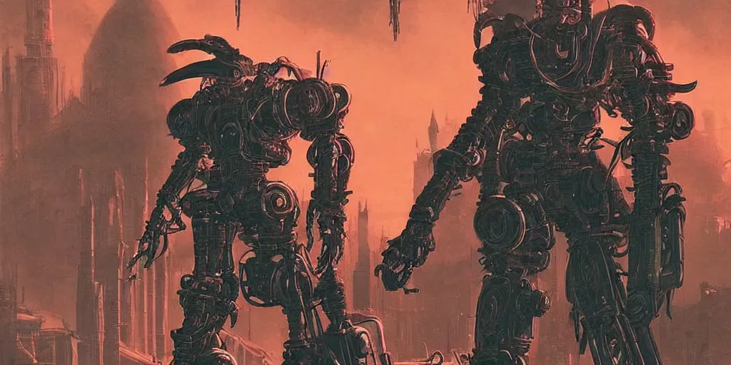 Image similar to a robot hunter from bloodborne on a retrofuturism yharnam, style by retrofuturism, faded color, for 1 9 7 0 s'sci - fi, by malcolm smith