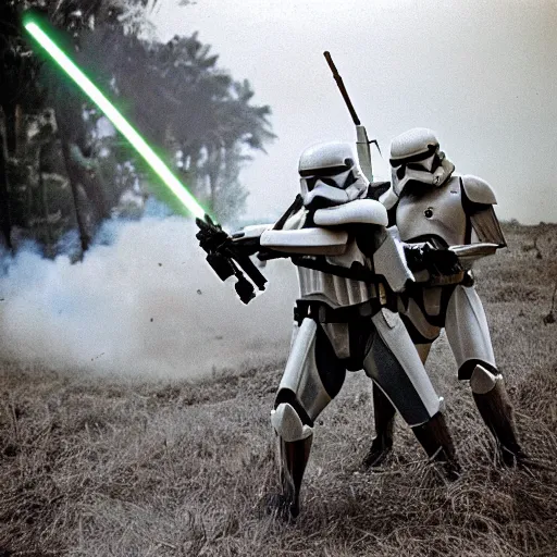 Image similar to star wars clone troopers combat soldiers in vietnam, photo, old picture, lush landscape, jungle, firearms, explosions, helicopters, aerial combat, active battle zone, flamethrower, air support, jedi, land mines, gunfire, violent, star destroyers, star wars lasers, sci - fi, jetpacks, agent orange, bomber planes, smoke, trench warfare