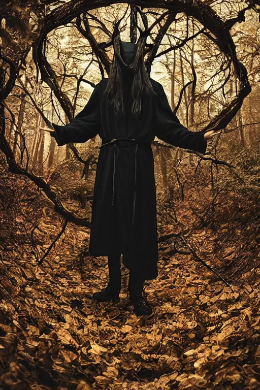 Prompt: a male witch standing in a magic circle in a dark forest using powerful magic, ultra detail, professionally retouched, soft lighting, wide angle, 8 k high definition, intricate, elegant, art by bella kotak + margarita kareva