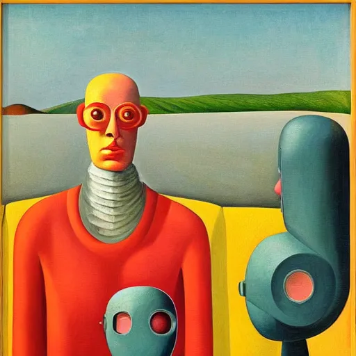 Image similar to super - intelligent robot with kind eyes portrait, lowbrow, pj crook, grant wood, edward hopper, oil on canvas