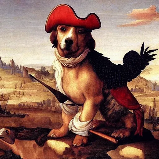 Image similar to a pirate dog with a parrot on it's shoulder, renaissance painting, wide view