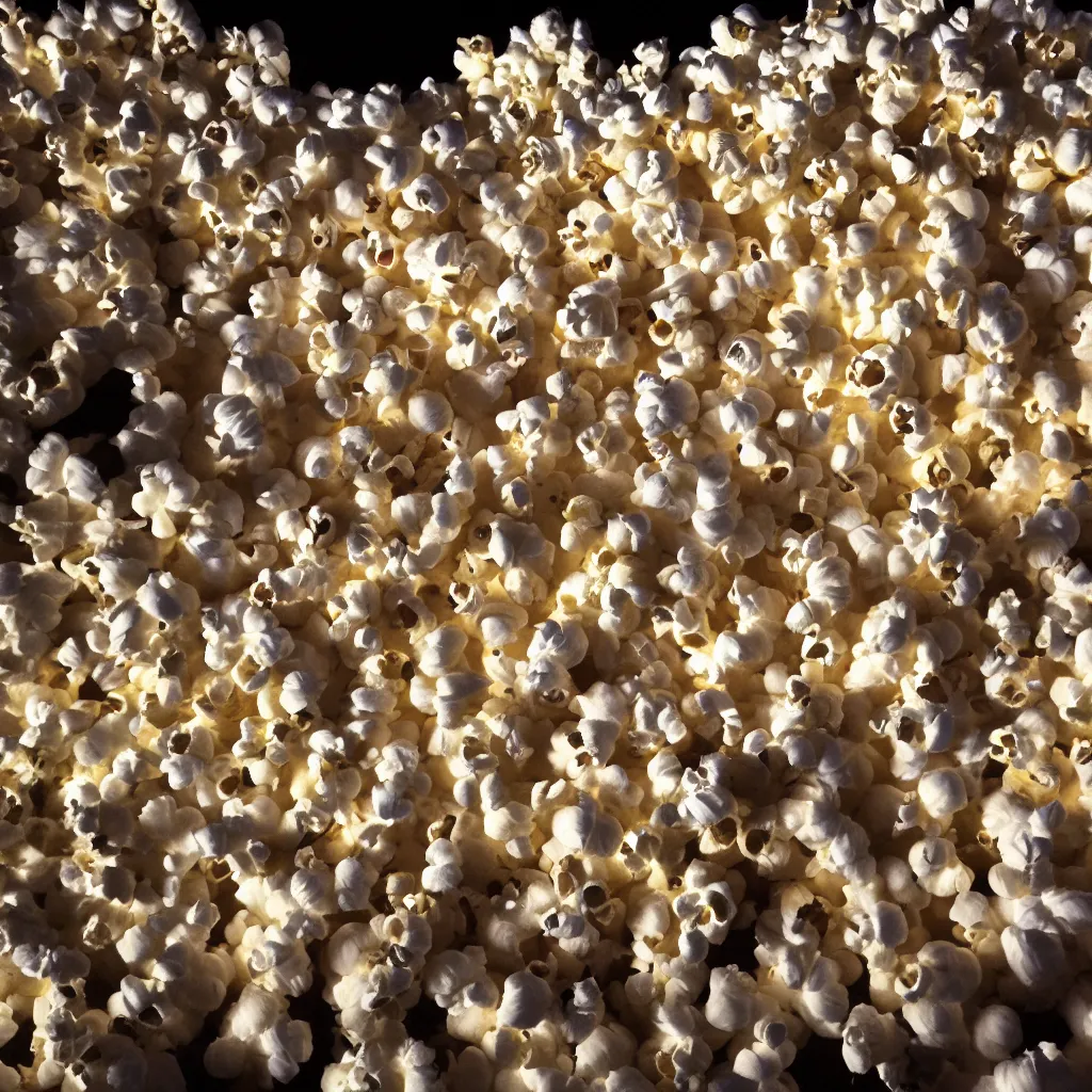 Image similar to outdoor cinema screen with giant popcorn kernels at night symmetrical rule of thirds