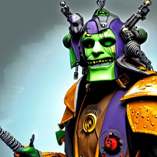 Image similar to jim carey as the mask in the warhammer 4 0 k universe world, digital art, 4 k, very detailed