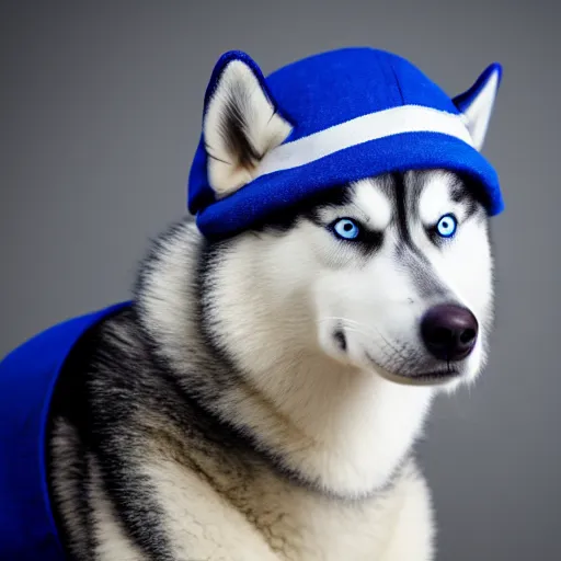 Image similar to a studio photo of a husky wearing a blue cap,photorealistic,professional photography,focus,50mm lens,hyperdetailed,studio lighting,3 point lighting,detailed face,cute