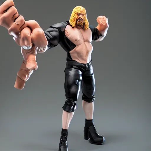 Image similar to Full body shot of a highly detailed flexible Triple H vinyl plastic figurine as a villain, white background, 3d, high quality, depth of field, high contrast, 8k, concept art, smooth, sharp focus, highly detailed, wrestling, WWE