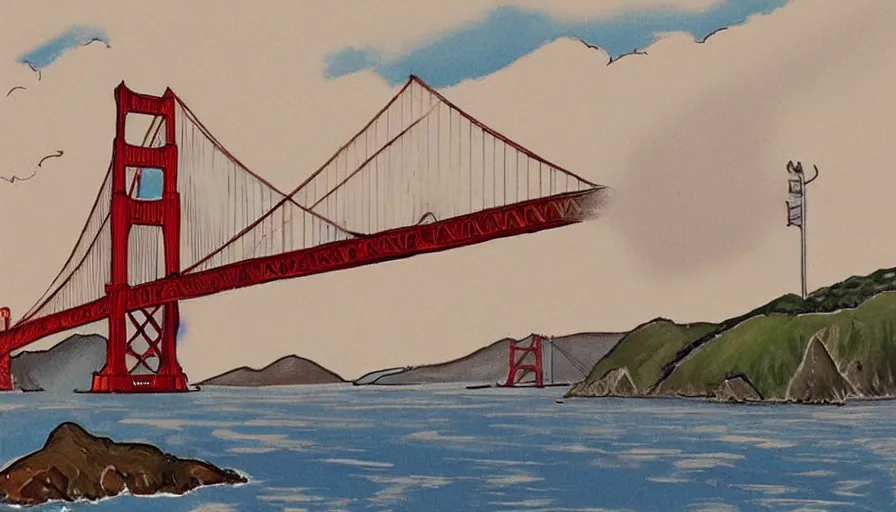 Prompt: Golden Gate Bridge, San Francisco, illustrated by Bob Ross, very detailed