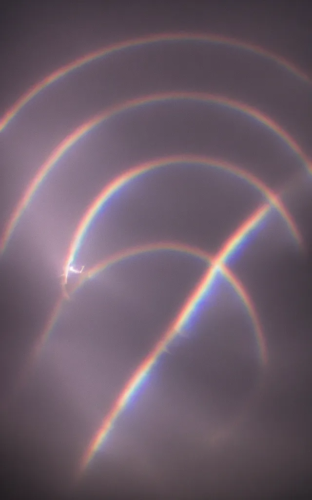 Image similar to dark night stormcloud, intricated multiple rainbows with ring shapes, light gleams and beams photography