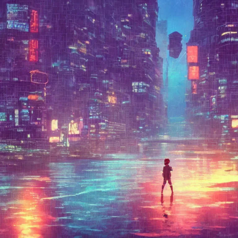 Prompt: a lofi anime protagonist crying a river, new york, deep rich colors, 8 k, award winning, blur, cinematic, neon, cyberwave, cynthwave, hayao miyazaki, makoto shinkai and ilya kuvahinov