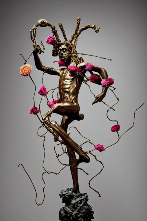 Image similar to Jean-Michel Basquiat as a full-body bronze baroque statue of Icarus in the posing like a bird for flight made entirely out of pipe cleaners, crown of peach roses made out pipe cleaners, flowing pink-colored silk, colorful pipe cleaners, flowers. baroque elements, human skull. full-length view. baroque element. intricate artwork by caravaggio. many many birds birds on background. Trending on artstation, octane render, cinematic lighting from the right, hyper realism, octane render, 8k, depth of field, 3D