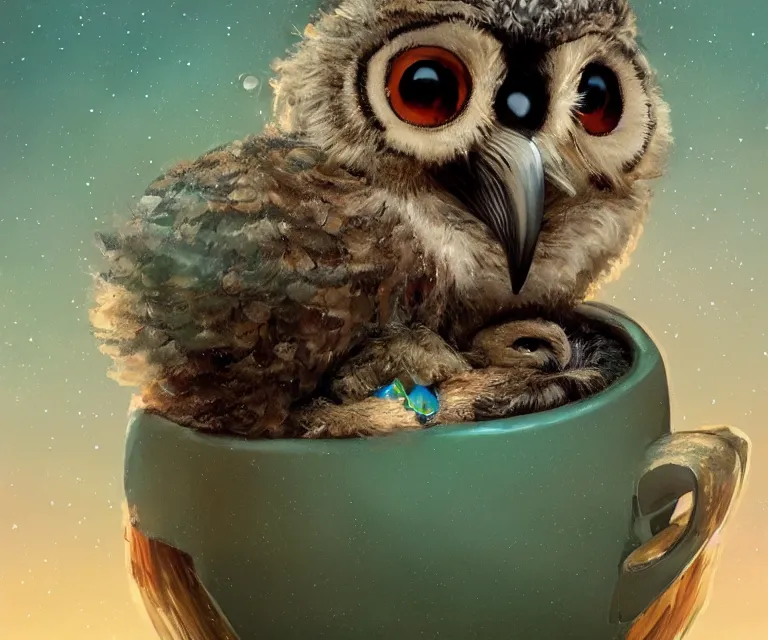 Image similar to long shot of a very cute owl chick nesting in a very futuristic cup, esao andrews, humorous illustration, hyperrealistic, big depth of field, warm colors, night scenery, low light, 3 d octane render, 4 k, conceptart, hyperdetailed, hyperrealistic, trending on artstation