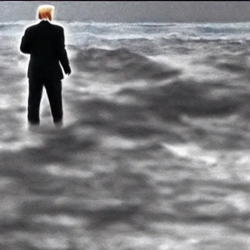 Image similar to dark footage of donald trump walking around the bottom of the ocean