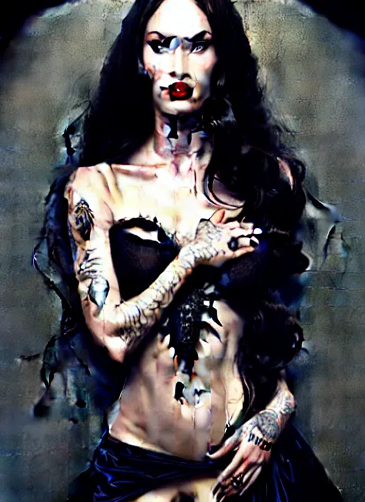 Image similar to megan fox witch queen, black eyes, blood, full body, intricate victorian dress, middle shot, cinematic lighting, studio quality, symmetrical eyes, caravaggio, artgerm, joshua middleton, rafael albuquerque, moody lighting, candles