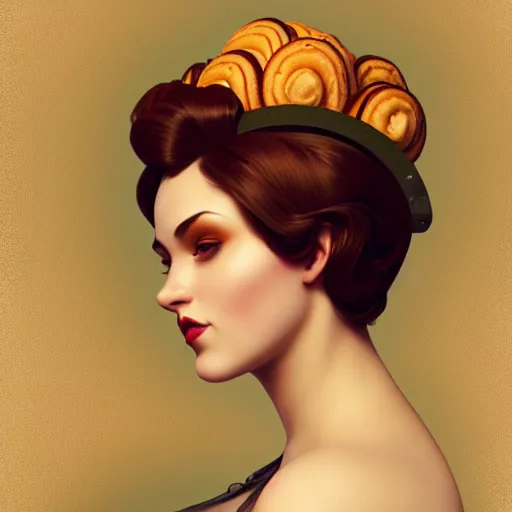 Prompt: curvy romanian woman with short hair and a bundt cake on her head, digital art, cinematic, concept art, 8k, painting, imaginefx, cgsociety, art nouveau, Alphonse Mucha, trending on artstation, medium shot, head shot