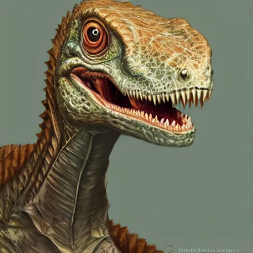 Prompt: happy and cute face of baby velociraptor made by nebula space, face only, head shot, model, big smile, pencil drawing, pastel, smooth, by marc simonetti