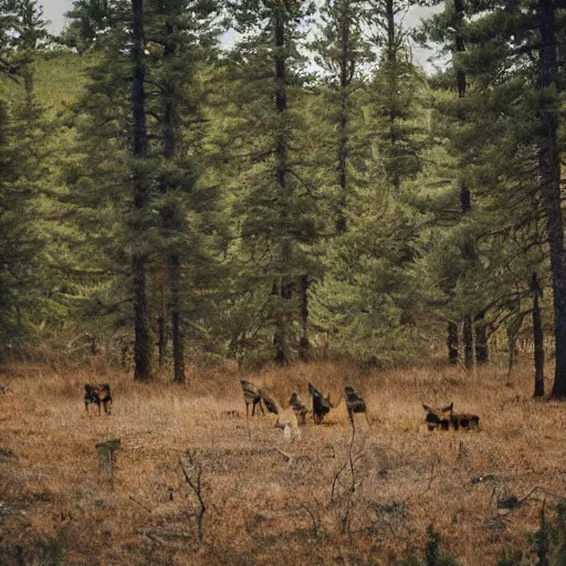 Prompt: wolves in the distance of a forest