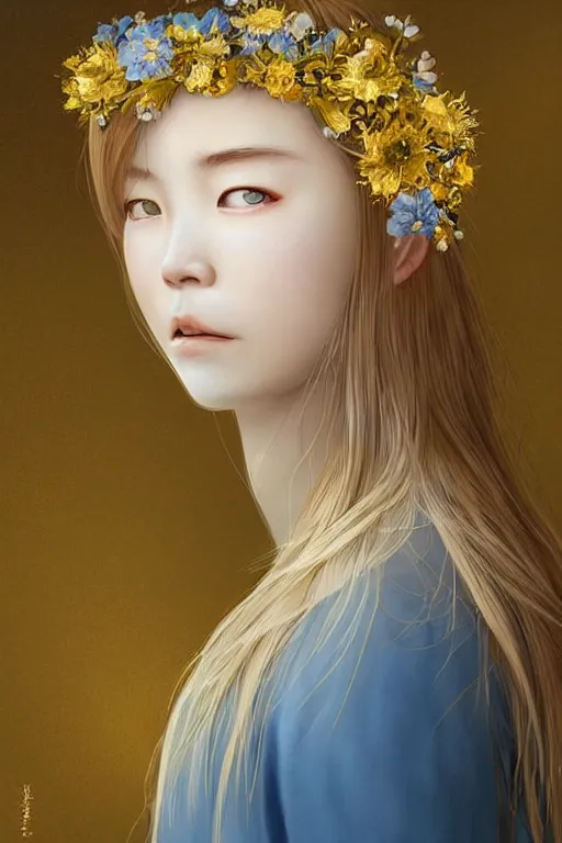 Prompt: a pale Japanese girl with golden hair, floral crown, sad blue eyes, cinematic lighting, ultra detailed, highly detailed, sharp focus, golden background with flowers, golden jewellery with blue sapphires, photographic, art by artgerm and greg rutkowski and zdislav beksinski