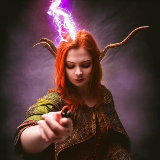 Image similar to female warlock casting magic spell ,fantasy, D&D, HDR, natural light, dynamic pose, award winning photograph, 8k, Mucha style,