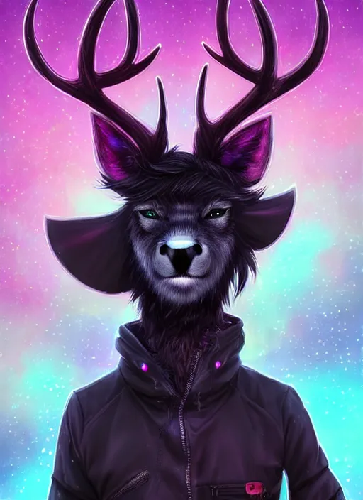 Image similar to award winning beautiful portrait commission of a male furry anthro Black Reindeer cyberpunk fursona with a tail, wings, wings, wings and a cute beautiful attractive detailed furry face wearing a crown, stylish black and rainbow galaxy clothes, outline, in a cyberpunk city at night while it rains. Character design by charlie bowater, ross tran, artgerm, and makoto shinkai, detailed, inked, western comic book art