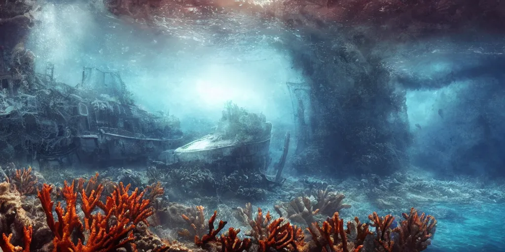 Image similar to a underwater ship ruins covered by corals, godrays, epic image, path traced, shipwreck, hyperrealistic, concept art, octane render, unreal engine 5, some fish, centered, symmetrical, low contrast, cinematic, soft lighting, high coherence, digital painting, masterpiece, digital art, serene scenery, old, elegant