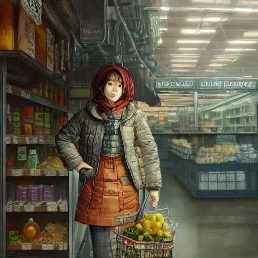 Image similar to the portrait a grocery young asia woman in down jacket, the background is a grocery store, winter, rural northeast an ultrafine hyperdetailed illustration by kim jung gi, irakli nadar, intricate linework, bright colors, octopath traveler, final fantasy, unreal engine 5 highly rendered, global illumination, radiant light, detailed and intricate environment