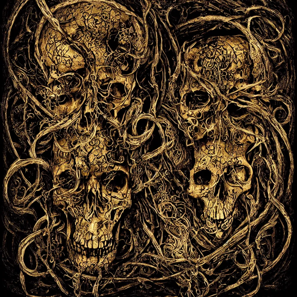 Image similar to ominous chiaroscuro baroque still life poster of a lonely golden runic skull intricately decorated with ancient runic inscriptions and prophecy engravings. dramatic ray of light, ultra detailed, unreal engine 5 by elden ring, billelis, ominous dark background. weirdcore ( lord of the rings : the return of the king 2 0 0 3 )