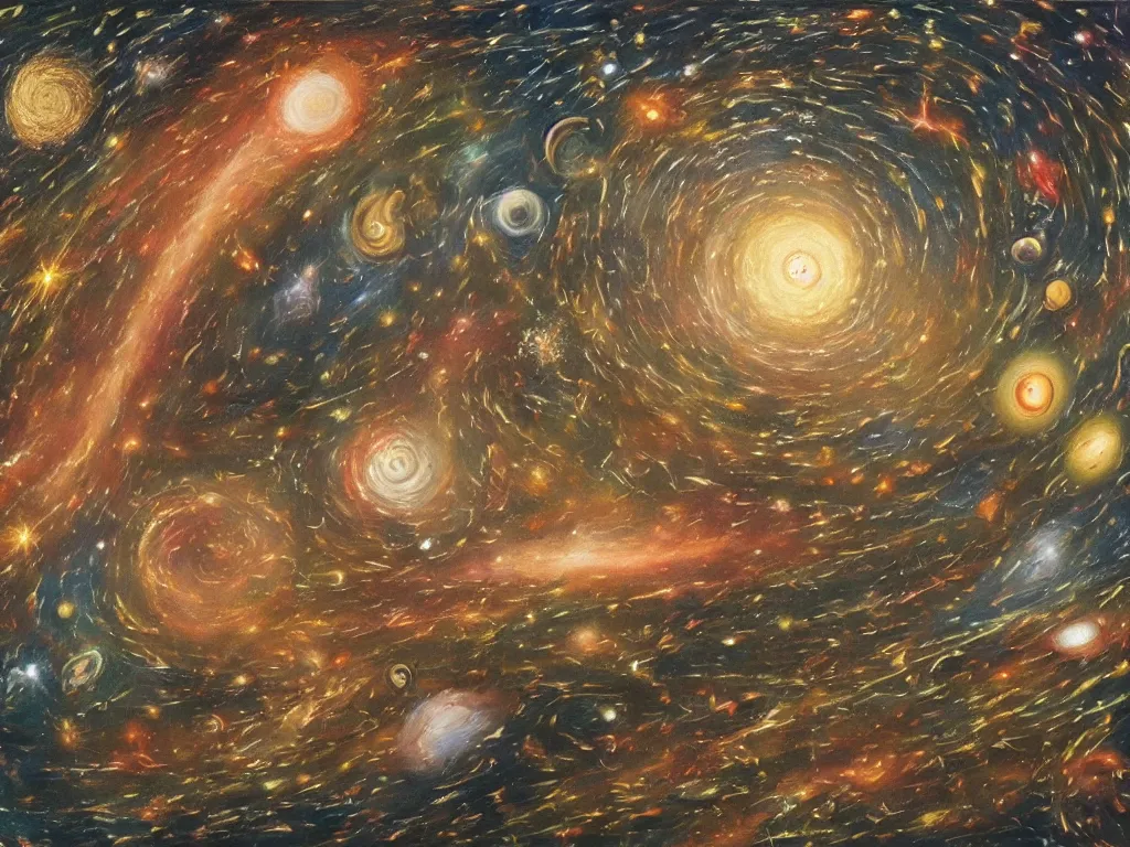 Prompt: the entire history of the Universe in all 4 dimensions depicted as a painting in a museum