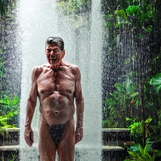 Image similar to 4 k hdr full body wide angle portrait of ronald reagan showering in a tropical bali jungle shower with moody overcast stormy lighting