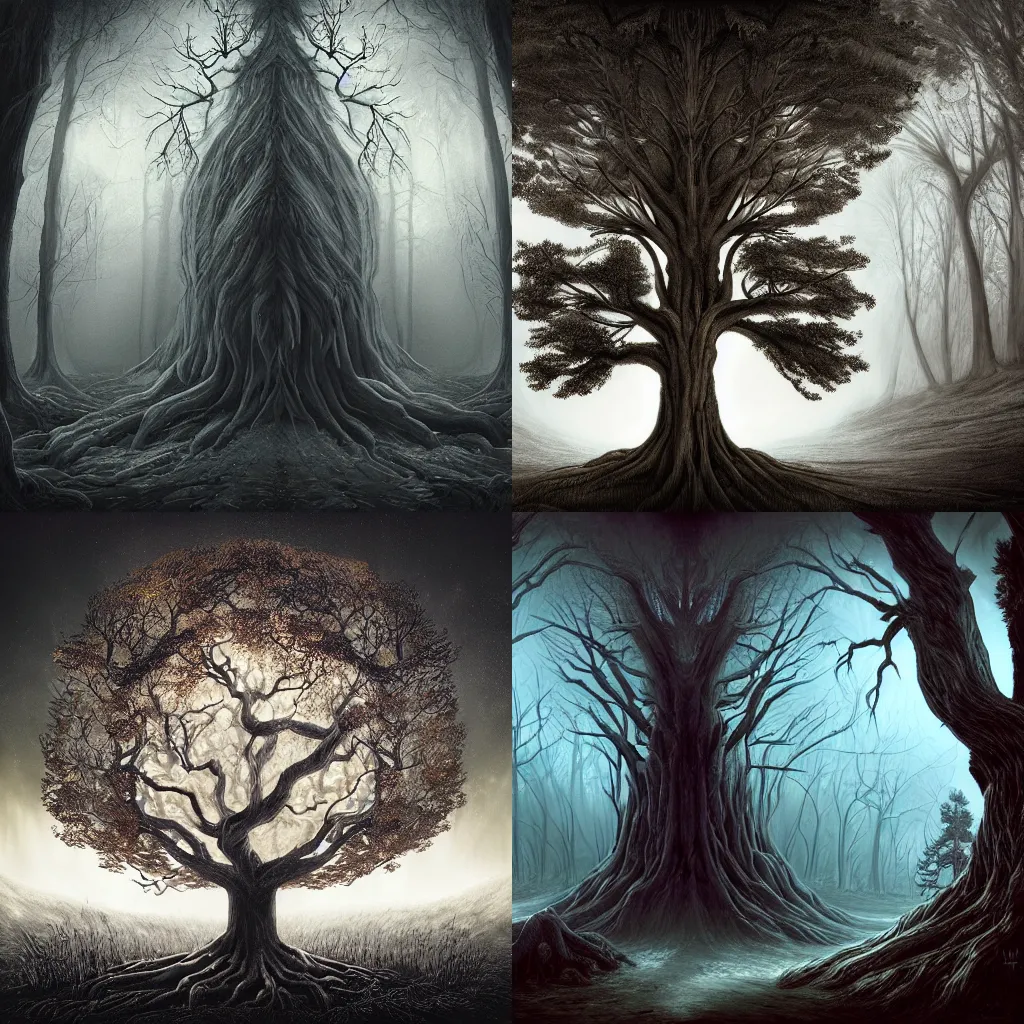 Prompt: A Beautiful digital artwork of Old Tree with scary face, in style by Dan Mumford, Cyril Rolando and Caspar David Friedrich, 8k resolution, Ultrafine details, Rendered in Unreal Engine 5, Cinematic Composition, Reimagined by industrial light and magic, smooth,4k, beautiful lighting, HDR, IMAX, Cinema 4D, shadow depth