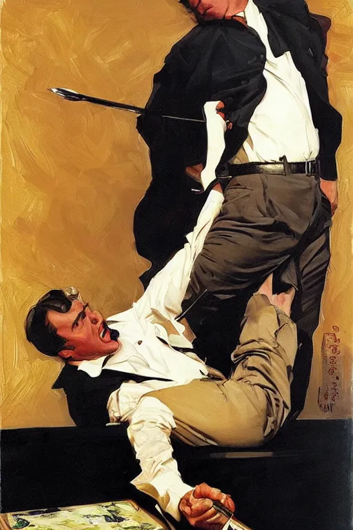 Prompt: quentin tarantino licking a foot, licking!!!!'bare feet '!!!!! painting by jc leyendecker!! phil hale!, angular, brush strokes, painterly, vintage, crisp