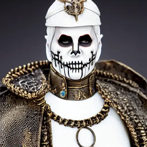 Image similar to very photorealistic photo of a very detailed resin statue of papa emeritus from ghost on a white background, award - winning details