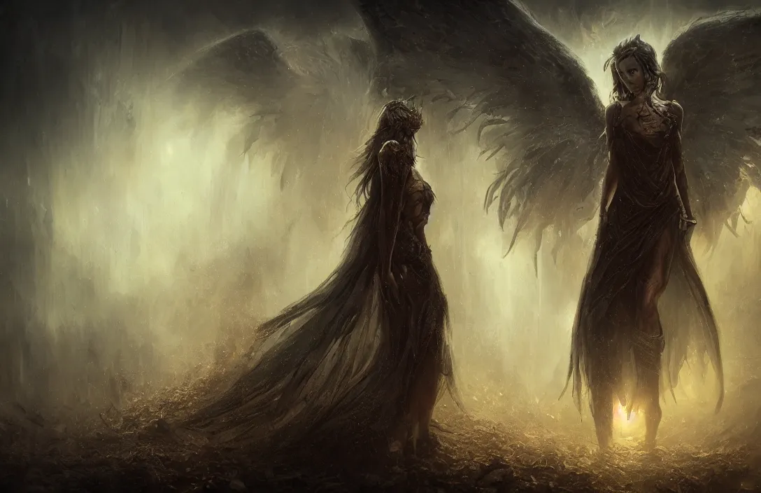 Image similar to dark angel in the style of bastien lecouffe deharme in phantastic landscape, hyperreal phantastic, intricate details in environment, meeting point, luminance, golden ratio, high aestehtic, cinematic light, dramatic light, godrays, distance, clear atmosphere, photobash, wideangle, bierstadt, hyperreal 4 k