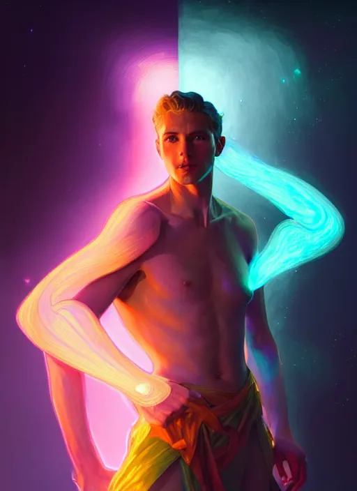 Image similar to a male faceless glowing liquefied stardust adventurer, dnd fantasy character, full body portrait, glowing neon skin, magical aura, ultra realistic, intricate, elegant, highly detailed, digital painting, artstation, smooth, sharp, focus, illustration, art by artgerm and greg rutkowski and alphonse mucha