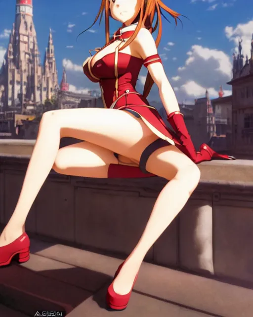 Image similar to pinup photo of asuna from sao in the crowded square of the city, asuna by a - 1 pictures, by by greg rutkowski, gil elvgren, enoch bolles, glossy skin, pearlescent, anime, very coherent, maxim magazine, 3 d, vray, unreal 5, maya