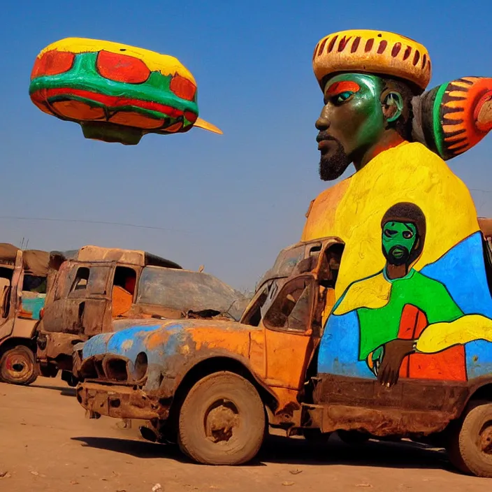 Image similar to UFO hovering over an African Jesus , colourful, in the style of Nigerian truck art (Eagle & Snake, Kano),