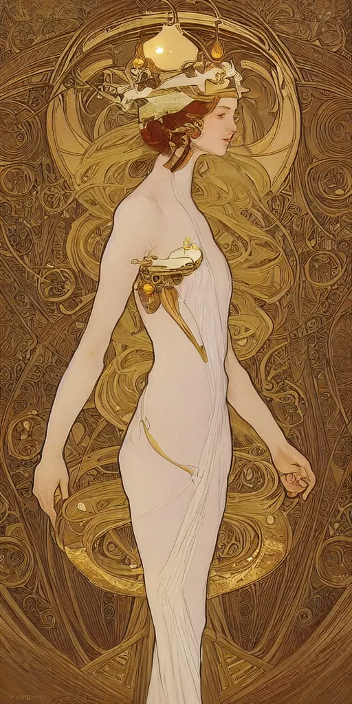 Image similar to beauty art nouveau woman, ivory and gold robotic, trending on artstation, by WLOP,Artgerm,Greg Rutkowski,Alphonse Mucha