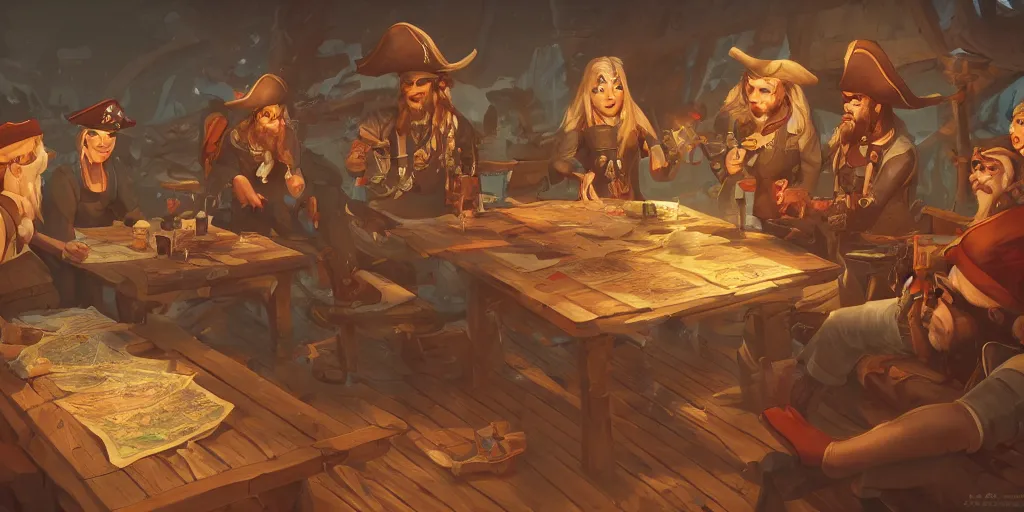 Image similar to unrolled old pirate map on a wooden table, mattepainting concept Blizzard pixar maya engine on stylized background splash comics global illumination lighting artstation lois van baarle, ilya kuvshinov, rossdraws