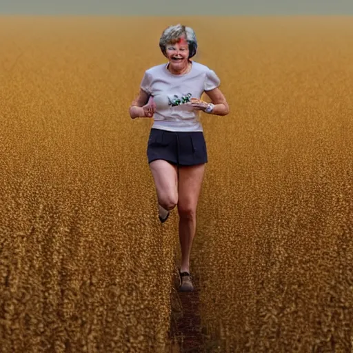 Prompt: Theresa May running in a cornfield with alien crop circles, golden hour, low sun