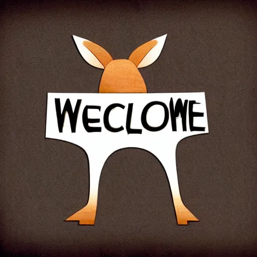 Image similar to a kangaroo holding a sign made out of steel with the word [ welcome ] carved on it, digital art