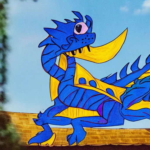 Prompt: children's cartoon of a blue dragon sitting on top of a yellow suburban home