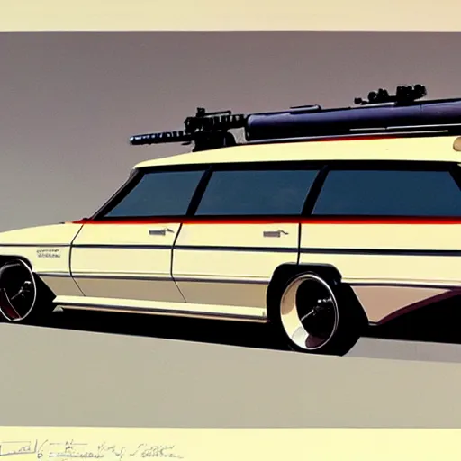 Image similar to concept art for a station wagon covered in mounted guns, painted by syd mead, high quality