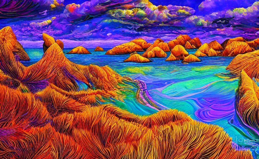 Image similar to golden bay abel tasman new zealand in the style of psychedelic oil painting, digital art, high quality, highly detailed, high coherence,, concept art, marterpiece