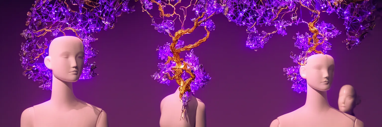 Image similar to beautiful mannequin sculpted out of amethyst by billelis + lit with geometric neon dripping gold + kintsugi, facing a doorway opening with neon pink geometric fractal light + flowering bonsai trees + lighting in background!!, transcendent, clean linework, dramatic, finely detailed, award winning, 4 k, trending on artstation, photorealistic, volumetric lighting, octane render